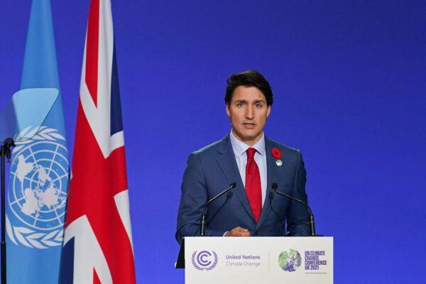 Prime Minister Justin Trudeau presents his national statement as part of the World Leaders Summit of the COP26 UN Climate Change Conference in Glasgow, Scotland, on Nov. 1, 2021. (Ian Forsyth/POOL/AFP via Getty Images)