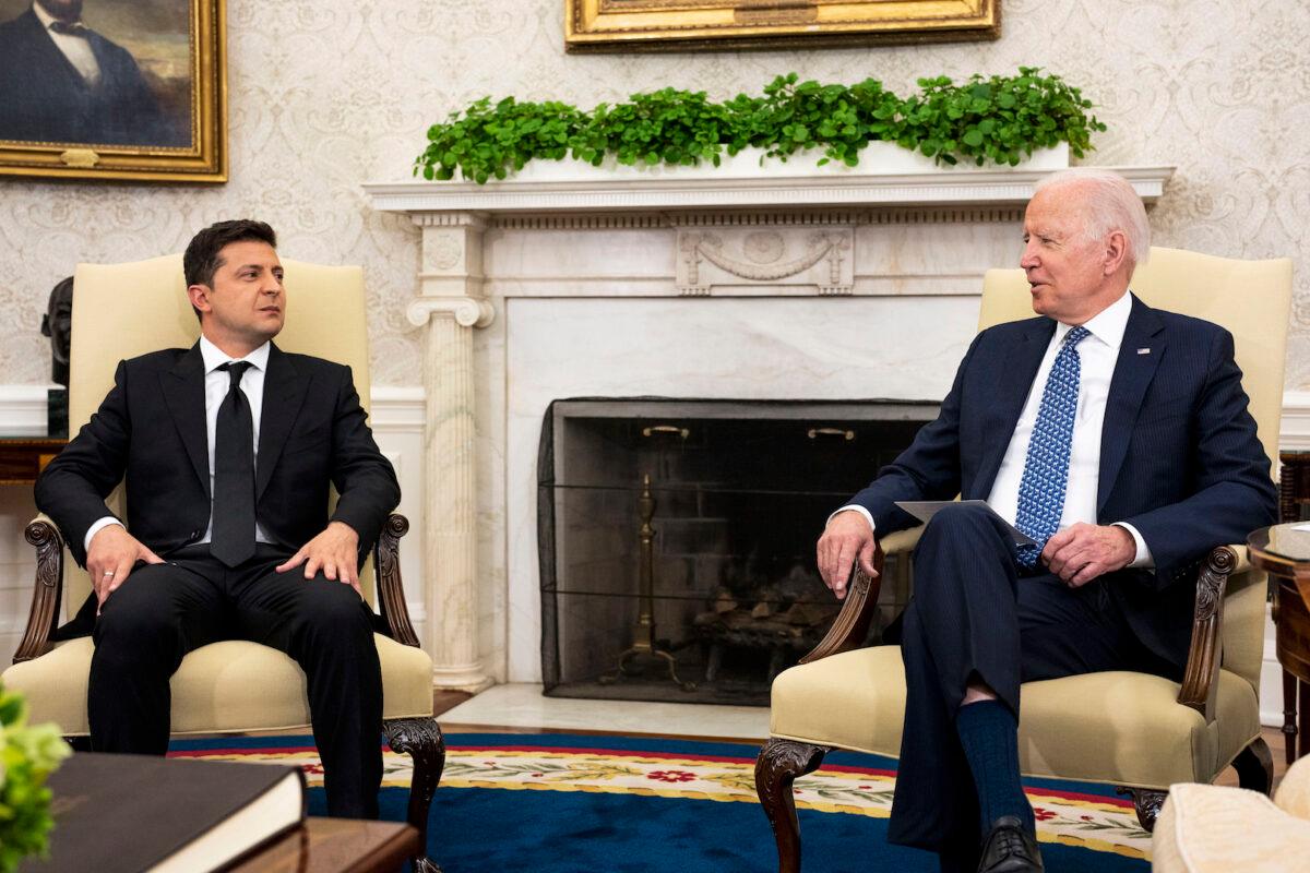 President Joe Biden makes remarks as he meets with President of Ukraine Volodymyr Zelenskyy in the Oval Office on Sept.1, 2021. (Doug Mills-Pool/Getty Images)