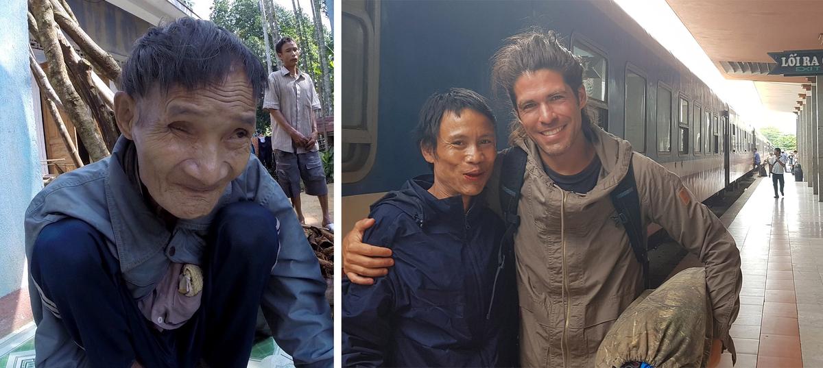 (Left) Lang's father, Ho Van Thanh; (Right) Lang and Cerez at a train station in Vietnam. (Courtesy of <a href="https://www.facebook.com/Docastaway/">Docastaway</a>)