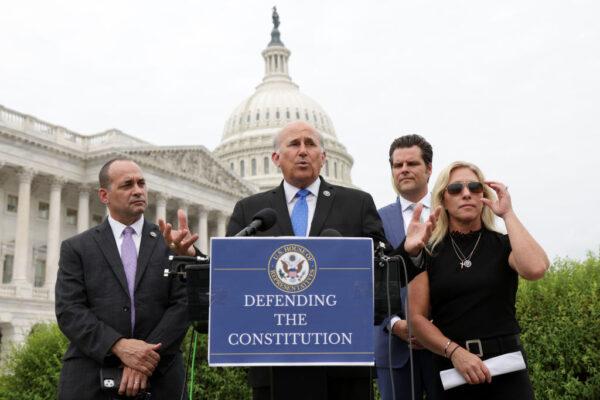  Rep. Louie Gohmert (R-Texas) (2nd L) speaks as Rep. Marjorie Taylor Greene (R-Ga.) (R), Rep. Matt Gaetz (R-Fla.) (3rd L), and Rep. Bob Good (R-Va.) (L) listen during a news conference outside the U.S. Capitol in Washington, on July 29, 2021. (Alex Wong/Getty Images)
