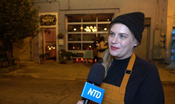 Screenshot of Rachel Klein, organizer of the cocktail fundraiser party and owner of Miss Rachel’s Pantry in South Philadelphia, Pa., on Nov. 1, 2021. (Screenshot via NTD)