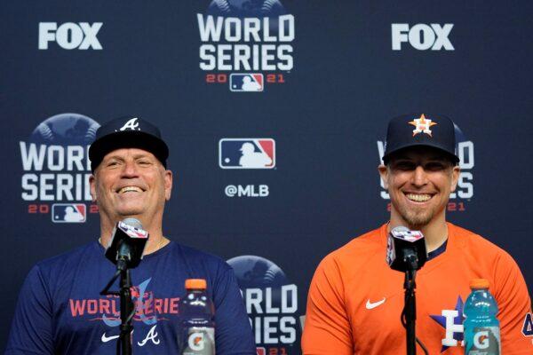 Atlanta Braves manager Brian Snitker and Houston Astros hitting coach Troy Snitker speaks during a news conference before Game 1 of baseball's World Series in Houston, on Oct. 26, 2021. (Ashley Landis/AP Photo)