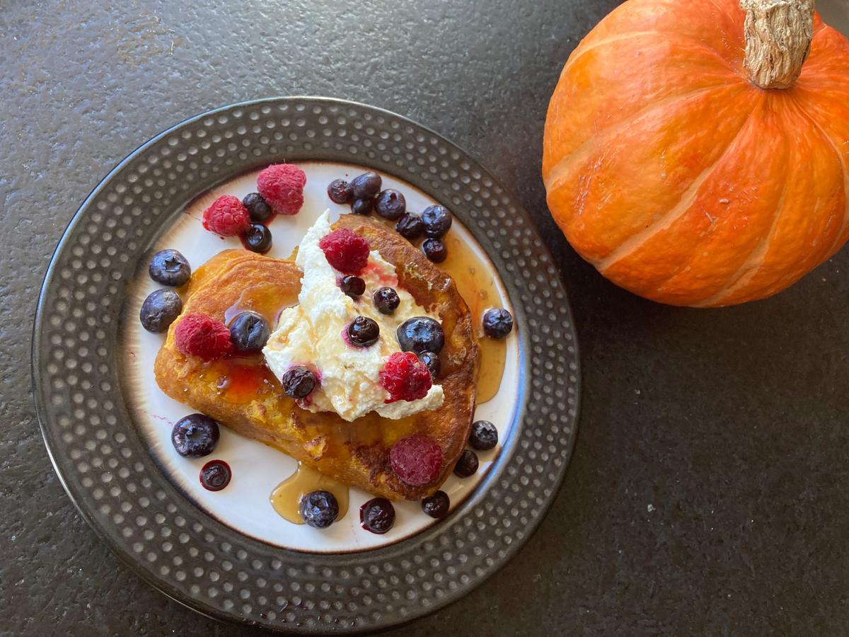 Roasted squash adds a thick, rich orange coating to this French toast, keeping it moist and soft. (Ari LeVaux)