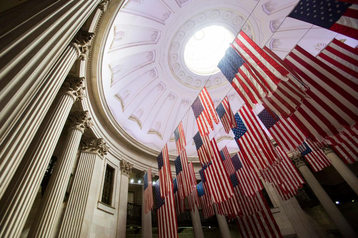 An exhibition of old American flags at Federal Hall in New York City on Sept. 7, 2017. (Samira Bouaou/The Epoch Times)