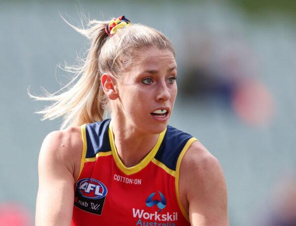 Deni Varnhagen of the Adelaide Crow competes in the AFLW competition which has never published player's weights in any media. (Sarah Reed/AFL Photos via Getty Images)