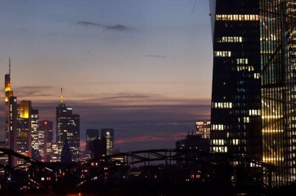 The headquarter of the European Central Bank (ECB) is seen during sunset ahead of the ECB's governing council meeting later this week in Frankfurt, Germany on Oct. 25, 2021. (Kai Pfaffenbach/Reuters)