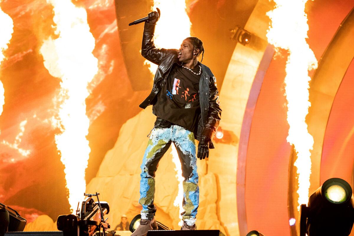 Travis Scott performs at Day 1 of the Astroworld Music Festival at NRG Park in Houston, on Nov. 5, 2021. (Amy Harris/Invision/AP)