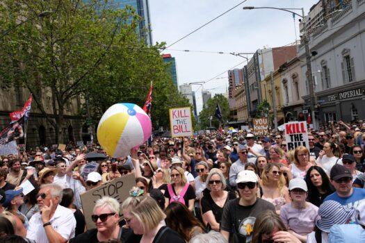 Australians protesting against government-mandated health restrictions, increasing powers, and the Pandemic Bill in Melbourne, Australia, on Nov. 6, 2021. (Supplied)