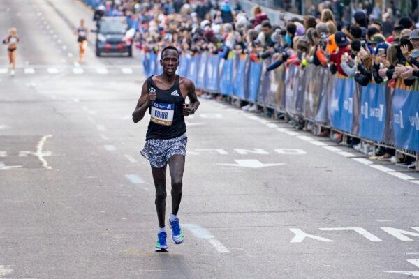 Albert Korir of Kenya runs alone as he closes in on winning the 50th running of the New York City Marathon in New York on Nov. 7, 2021. (Craig Ruttle/AP Photo)