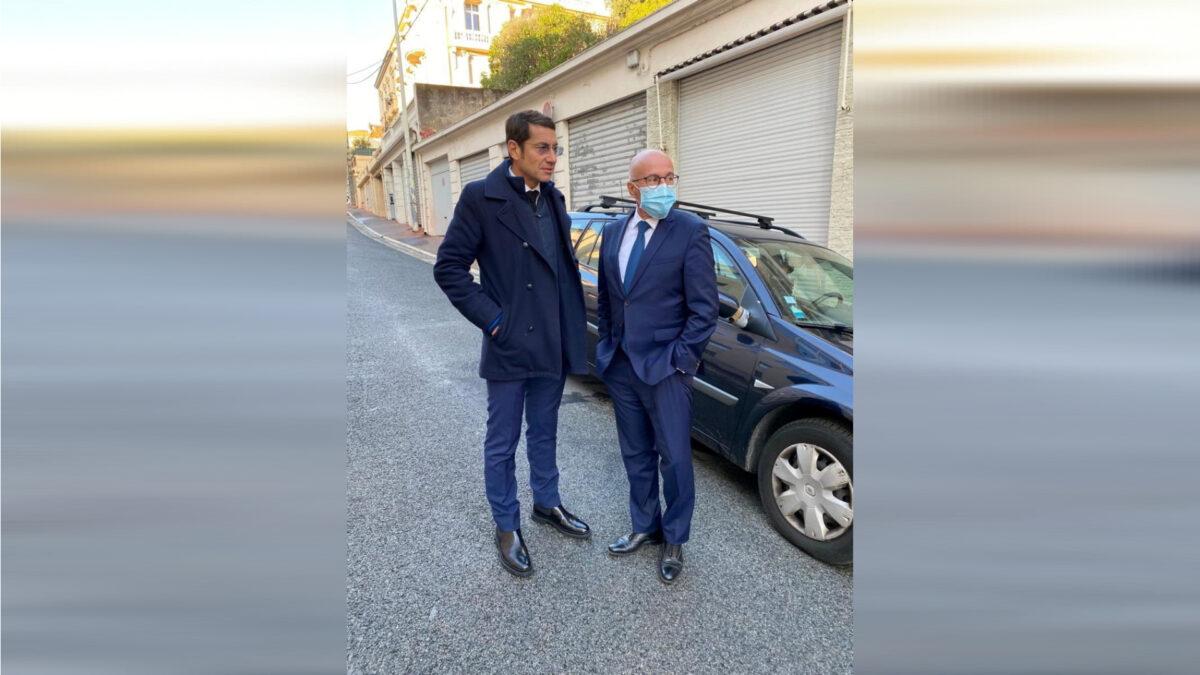 Member of French Parliament Eric Ciotti (R) visits the police station where, according to reports, a police official was injured after being stabbed with a knife, in Cannes, France, on Nov. 8, 2021. (Twitter/ECiotti/via Reuters)