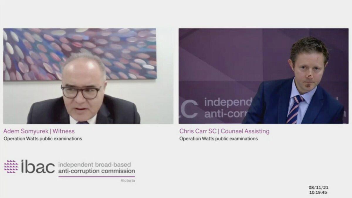 Former Labor MP Adem Somyurek (L) being questioned by Counsel Assisting Chris Carr SC (R) during an IBAC inquiry streamed online in Melbourne, Australia, on Nov. 8, 2021 (screenshot/IBAC)
