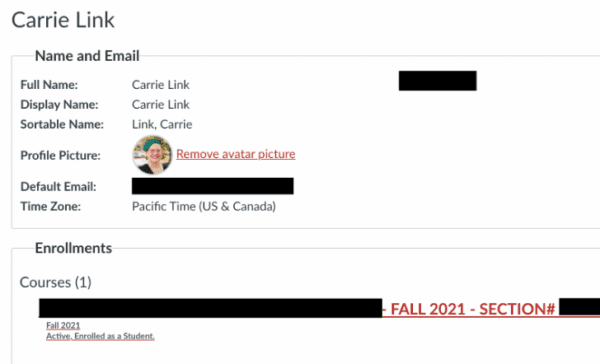  A screen capture of suspected "fake student" Carrie Link from the Pierce Community College online training bio on September 2021. (Kim Rich)