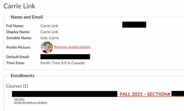 A screen capture of suspected "fake student" Carrie Link from the Pierce Community College online training bio on September 2021. (Kim Rich)