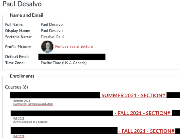 Screen capture from suspected "fake student" profile in the online system at Pierce Community College in September 2021 (Kim Rich)