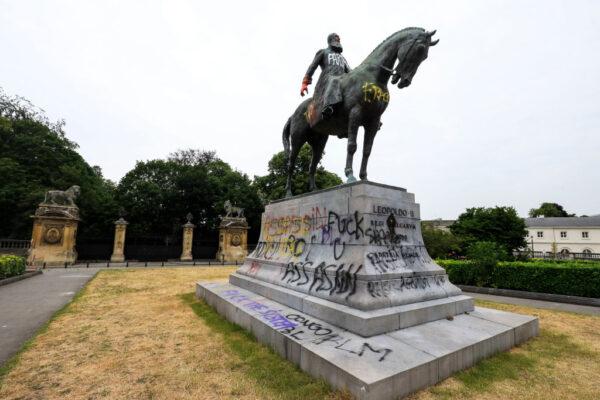 A besmirched statue of King Leopold II of Belgium, near the Royal Palace in Brussels, Belgium, on June 10, 2020. (Thierry Roge/Belga Mag/AFP via Getty Images)