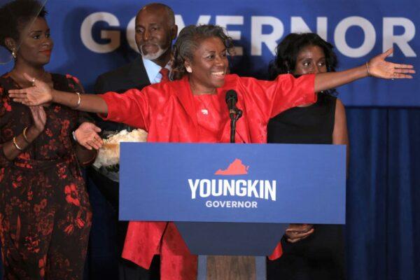 Virginia Republican candidate for lieutenant governor Winsome Sears takes the stage with her family during an election night rally at the Westfields Marriott Washington Dulles in Chantilly, Va., on Nov. 2, 2021. (Chip Somodevilla/Getty Images)