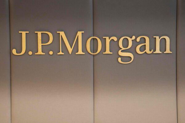 The logo of JP Morgan bank at the French headquarters of the bank in Paris on June 29, 2021. (Michel Euler/AFP via Getty Images)