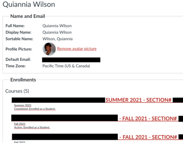 A screen capture of suspected "fake student" Quiannia Wilson from the Pierce Community College online training bio on September 2021. (Kim Rich)