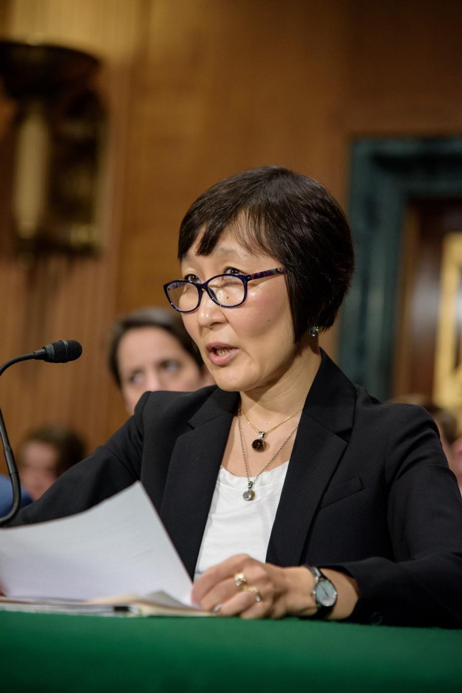 Saule Omarova during a September 2018 hearing by the Senate Committee on Banking, Housing, and Urban Affairs. (Courtesy Senate Committee)