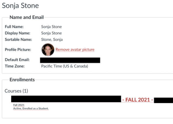 A screen capture of suspected "fake student" Sonja Stone from the Pierce Community College online training bio on September 2021. (Kim Rich)