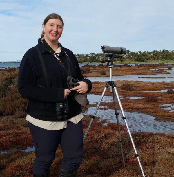 Bianca Keys in the field during the BirdLife Tasmania Winter Wader Count. (Caitlyn O’Reilly)