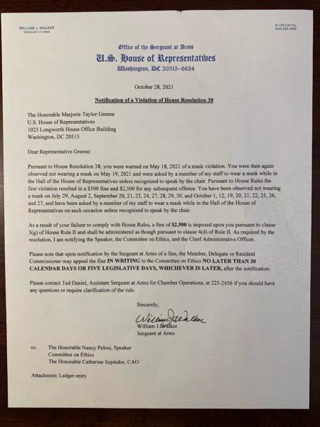 A letter issued to Rep. Marjorie Taylor Greene detailing a total of 20 fines for defying the House floor mask mandate. (Supplied: Nick Dyer, communications director)