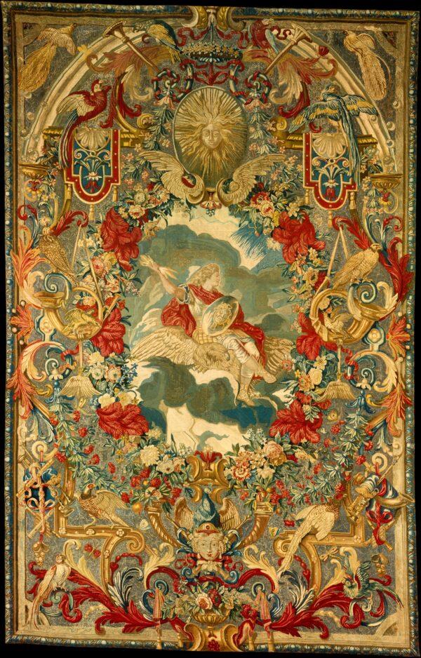 “Air” from “Seasons and Elements,” a set of four tapestries, their designs attributed to Charles Le Brun. Canvas; silk, wool, and metal-thread embroidery in tent stitch. Metropolitan Museum of Art. (PD-US)