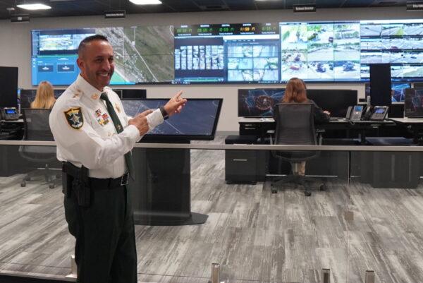 Lee County Sheriff Carmine Marceno with the Real Time Intelligence Center, on Nov. 9, 2021. (Jann Falkenstern/The Epoch Times)