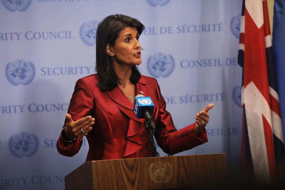 Then-United Nations Ambassador Nikki Haley speaks to the media ahead of the start of the General Assembly meeting at the United Nations in New York City on Sept. 20, 2018. (Spencer Platt/Getty Images)