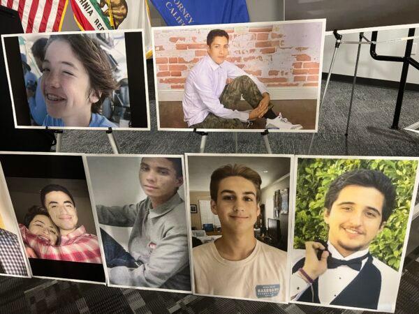 Photos of young victims of fentanyl overdoses in Santa Ana, Calif, on Nov. 9, 2021. (Drew Van Voorhis/The Epoch Times)