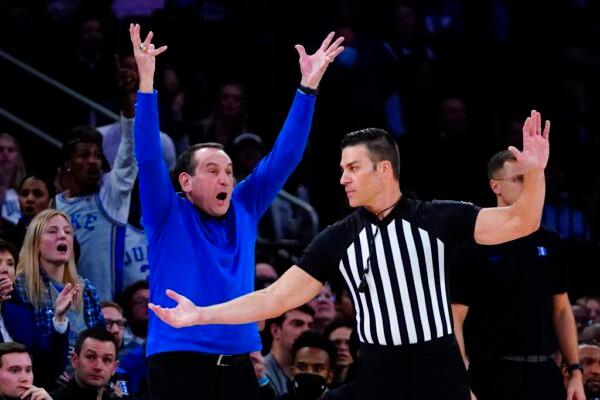 Duke head coach Mike Krzyzewski reacts to a call during the first half of an NCAA college basketball game against Kentucky, in New York on Nov. 9, 2021. (Frank Franklin II/AP Photo)
