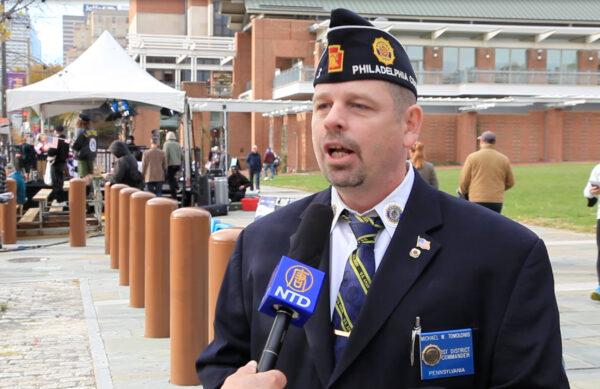 Iraq War veteran Mike Tomolonis, who is the eighth generation in his family to serve in the U.S. military, at Philadelphia's 7th Annual Veterans Parade and Festival on Nov. 7, 2021. (Screenshot via NTD)