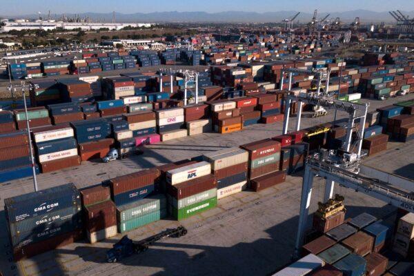 Cargo shipping containers at the Port of Los Angeles in San Pedro, Calif., on Oct. 15, 2021. (Patrick Fallon/AFP via Getty Images)