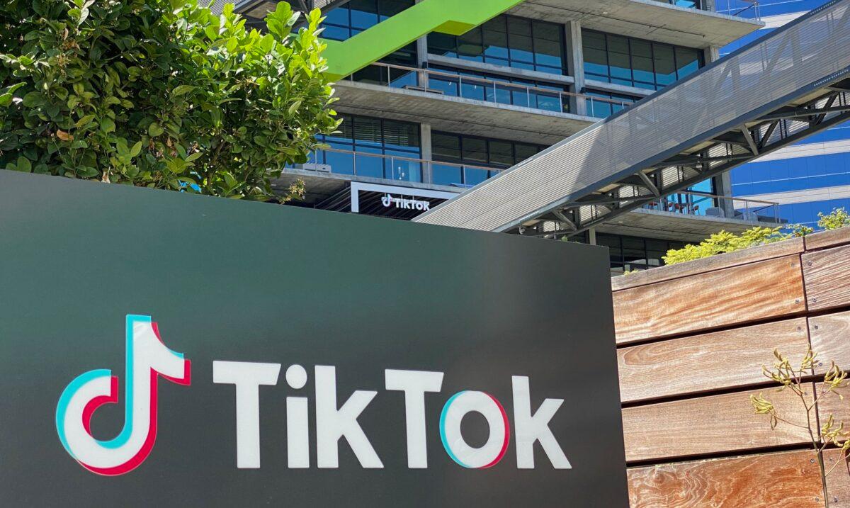 The logo of Chinese video app TikTok is seen on the side of the company's office space at the C3 campus in Culver City, Calif., near Los Angeles, on Aug. 11, 2020. (CHRIS DELMAS/AFP via Getty Images)