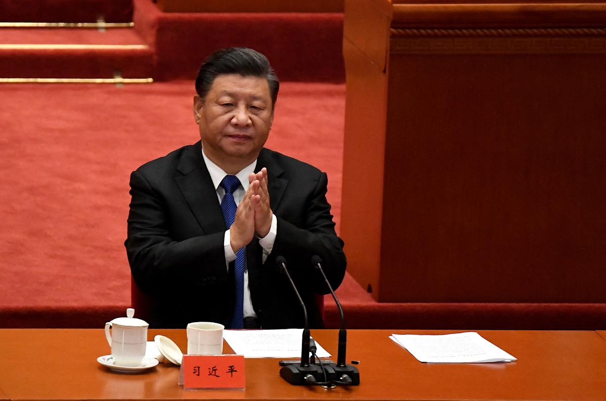 Chinese Leader Xi Jinping attends the commemoration of the 110th anniversary of the Xinhai Revolution at the Great Hall of the People in Beijing on Oct. 9, 2021. (Noel Celis/AFP via Getty Images)