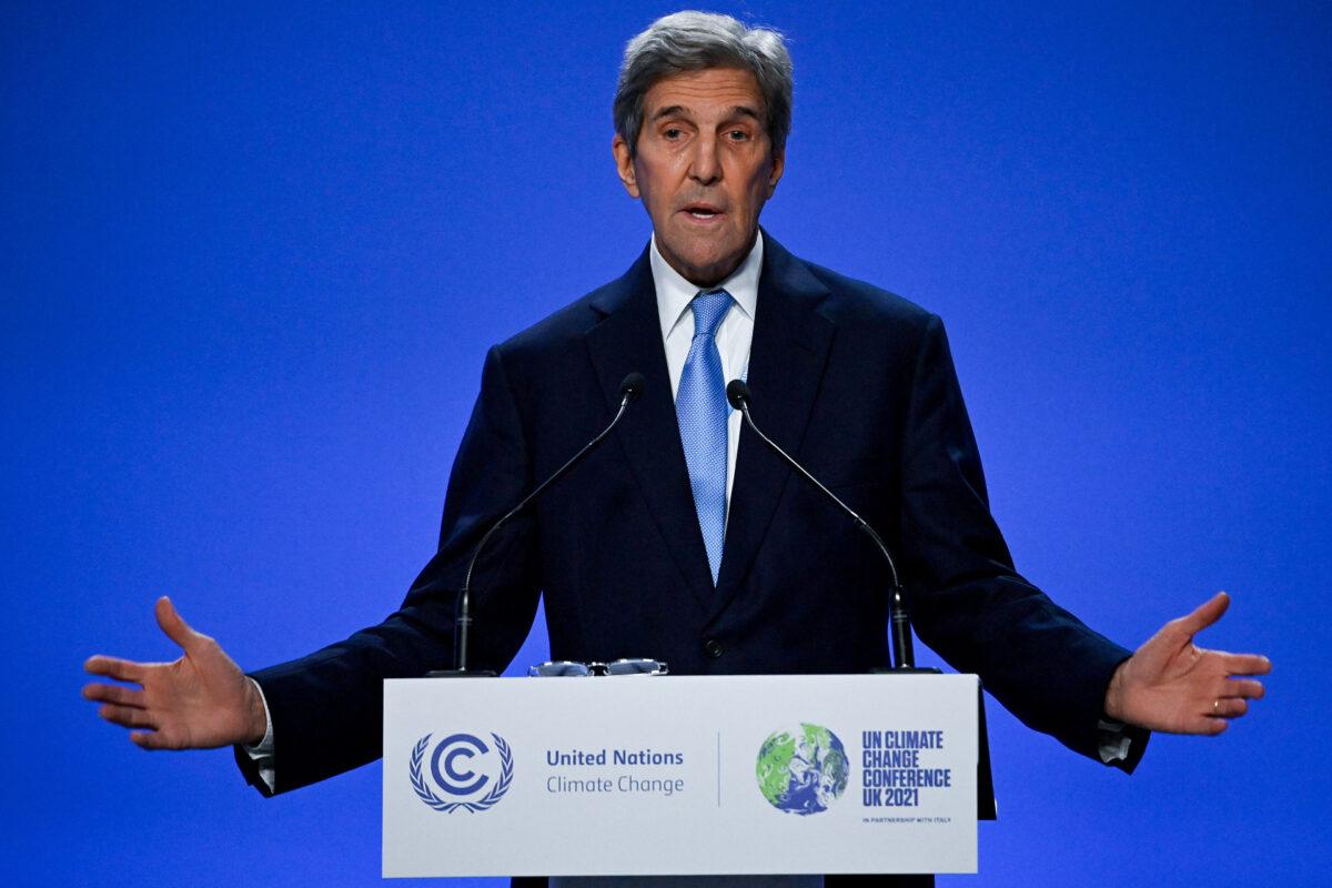 US special climate envoy, John Kerry speaks during a joint China and US statement on a declaration enhancing climate action in the 2020's on day eleven of the COP26 climate change conference at the SEC in Glasgow, Scotland, on Nov. 10, 2021. (Jeff J Mitchell/Getty Images)