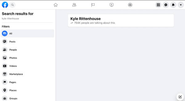 Facebook search for Kyle Rittenhouse on Nov. 11, 2021. (The Epoch Times)
