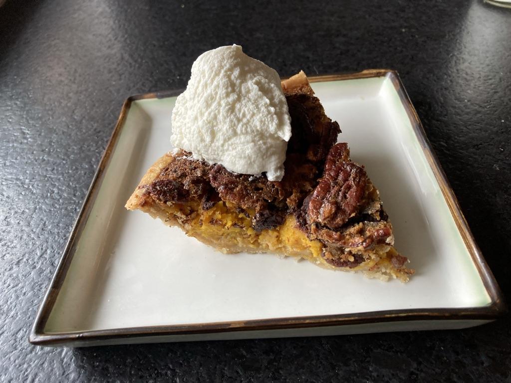 Chocolate chip kabocha pie—with pecan pie on top. (Ari LeVaux)