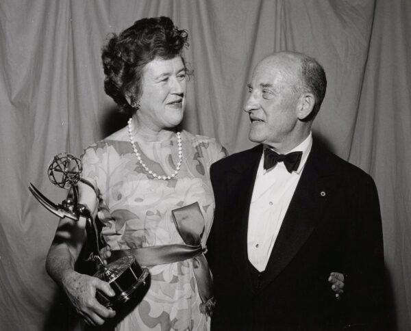 Julia and Paul Child with one of her Emmy Awards. (Photograph by Paul Child; © Schlesinger Library, Radcliffe Institute, Harvard University. Courtesy of Sony Pictures Classics)