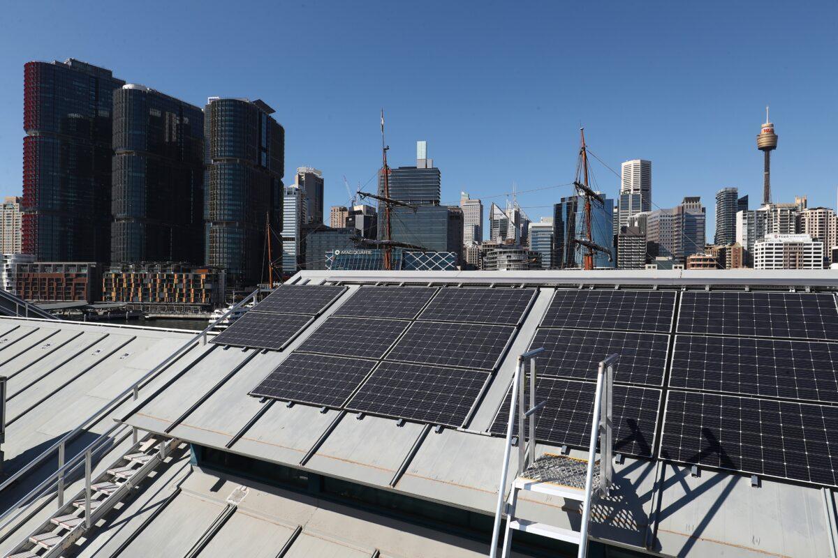 Solar panels are seen on the roof of The Australian National Maritime Museum in Sydney, Australia, on Aug. 14, 2019. (Mark Metcalfe/Getty Images)