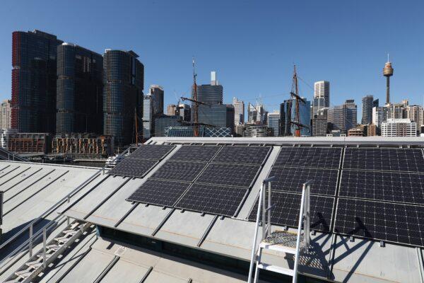 Solar panels are seen on the roof of The Australian National Maritime Museum in Sydney, Australia on Aug. 14, 2019. (Mark Metcalfe/Getty Images)