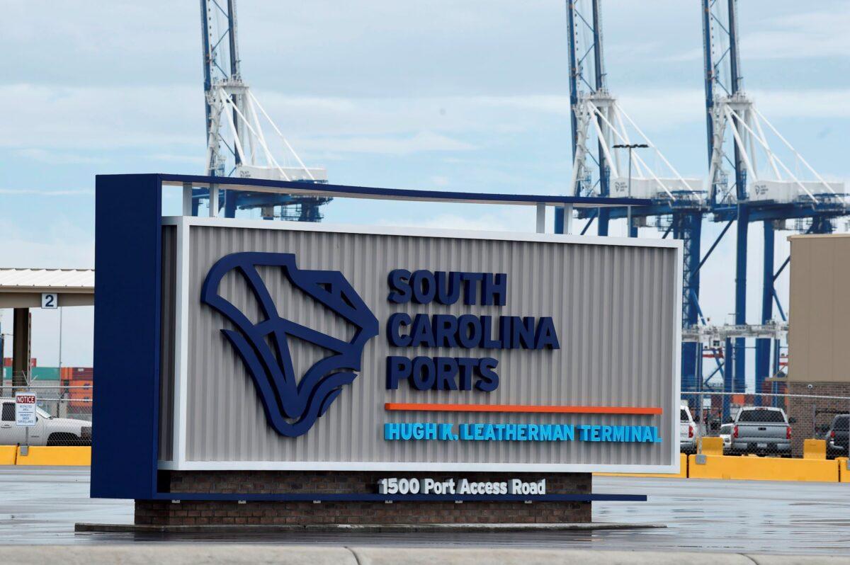 A sign marks the site of a new South Carolina Ports Authority terminal named for longtime state Sen. Hugh Leatherman in North Charleston, S.C., on Oct. 25, 2021. (Meg Kinnard/AP Photo)