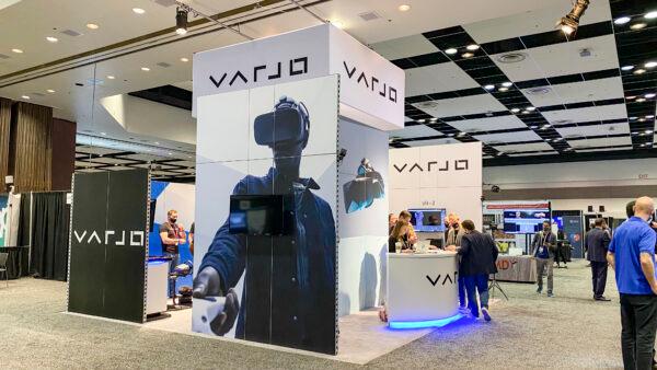 A Varjo booth exhibits headsets at AWE USA at the Santa Clara Convention Center in California on Nov. 10, 2021. (Ilene Eng/The Epoch Times)