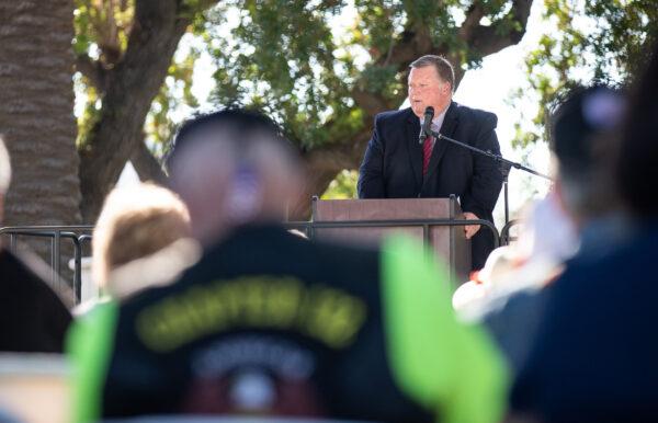 Mayor of Orange Mark Murphy speaks at a Veterans Day celebration in the City of Orange, Calif., on Nov. 11, 2021. (John Fredricks/The Epoch Times)