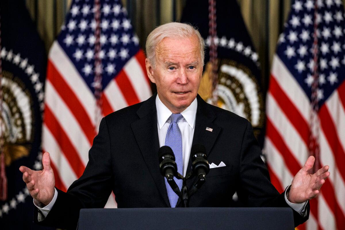 President Joe Biden speaks during a press conference in the State Dining Room at the White House in Washington, on Nov. 6, 2021. (Samuel Corum/Getty Images)
