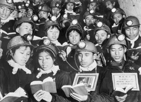 A group of male and female coal miners recite 06 September 1968 in Li Se Yuan mine some paragraphs of Mao Zedong "Little Red Book" as they celebrate Mao's "Great Proletarian Cultural Revolution." (Xinhua/AFP via Getty Images)