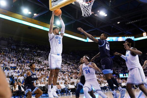 UCLA guard Johnny Juzang (3) grabs a rebound during the first half of an NCAA college basketball game against Villanova in Los Angeles, on Nov. 12, 2021. (Marcio Jose Sanchez/AP Photo)
