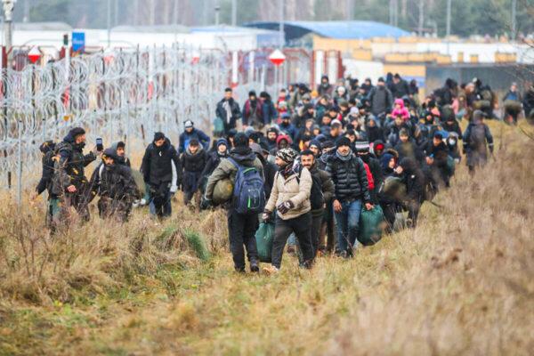 A group of illegal immigrants moves along the Belarusian–Polish border toward a camp to join those gathered at the spot and aiming to enter EU member Poland in the Grodno region on Nov. 12, 2021. (Leonid Shcheglov/Belta/AFP via Getty Images)