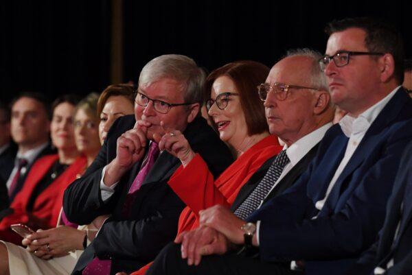 (L-R) Former Australian Prime Ministers Julia Gillard, Kevin Rudd, and Paul Keating and Victorian Premier Daniel Andrews attend the Labor Party campaign launch for the 2019 Federal election at the Brisbane Convention Centre in Brisbane, Australia, on May 5, 2019. (AAP Image/Lukas Coch)