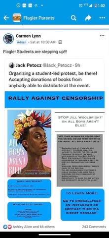 Screen capture of Twitter post about protest being organized by Flagler County student Jack Petocz to distribute copies of Johnson's book from Nov. 13, 2021 (Jessico Bowman)